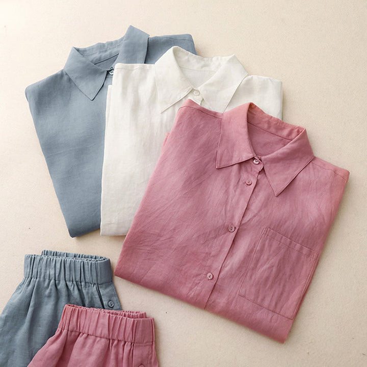 Buddha Stones Sommer 2-teiliges schlichtes Langarmshirt und Shorts Meditationskleidung Damen Set mit Taschen - image 33