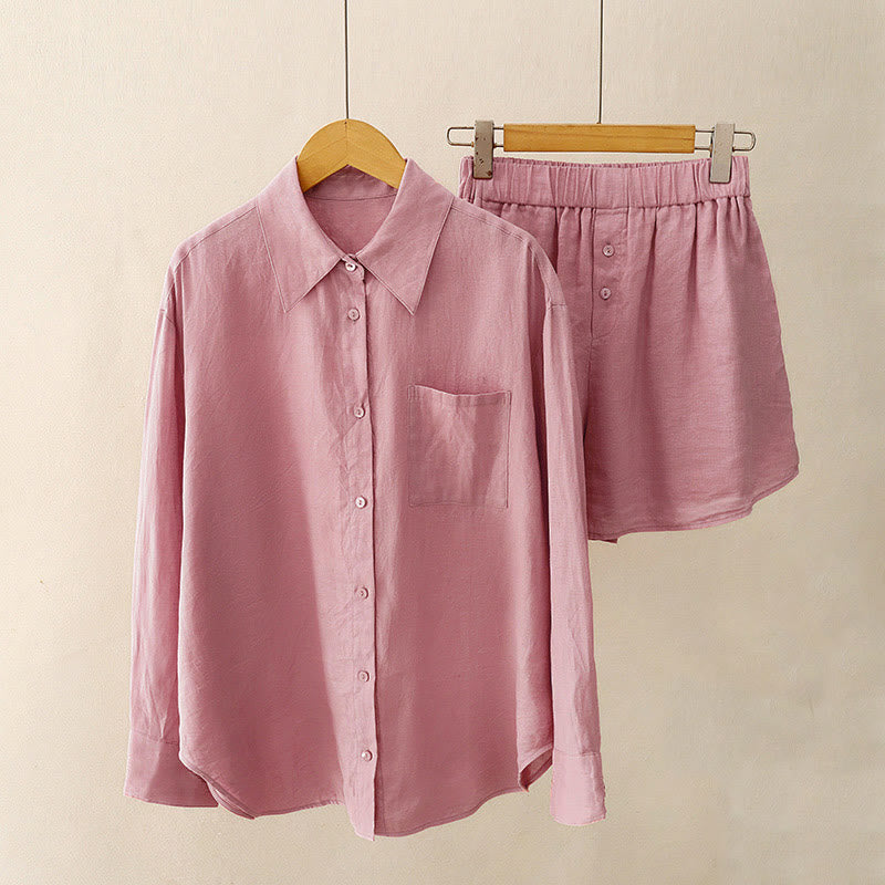 Buddha Stones Sommer 2-teilig Einfarbig Langarmshirt Top Strickjacke Shorts Meditationskleidung Damen Set mit Taschen - BlassViolettRot - US12， UK/AU16，EU44 (2XL) - image 0