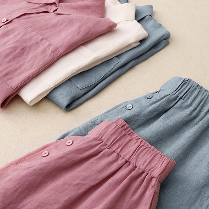 Buddha Stones Sommer 2-teiliges schlichtes Langarmshirt und Shorts Meditationskleidung Damen Set mit Taschen - image 34