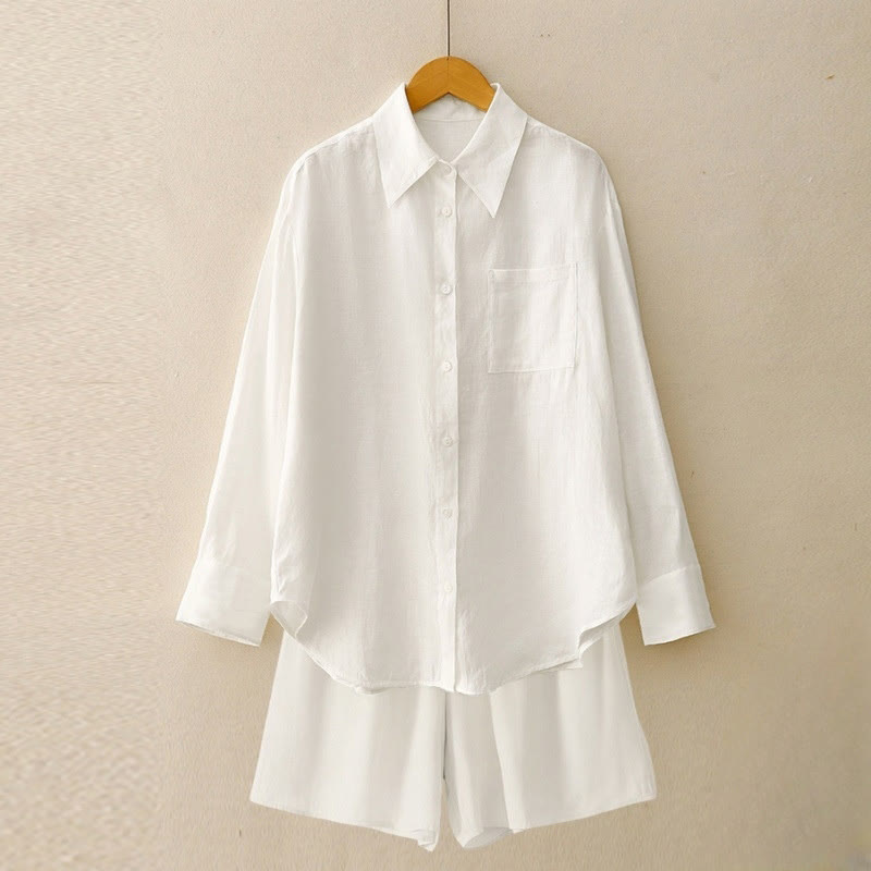 Buddha Stones Sommer 2-teilig Einfarbig Langarmshirt Top Strickjacke Shorts Meditationskleidung Damen Set mit Taschen - Weiß - US12, UK/AU16, EU44 (2XL) - image 28