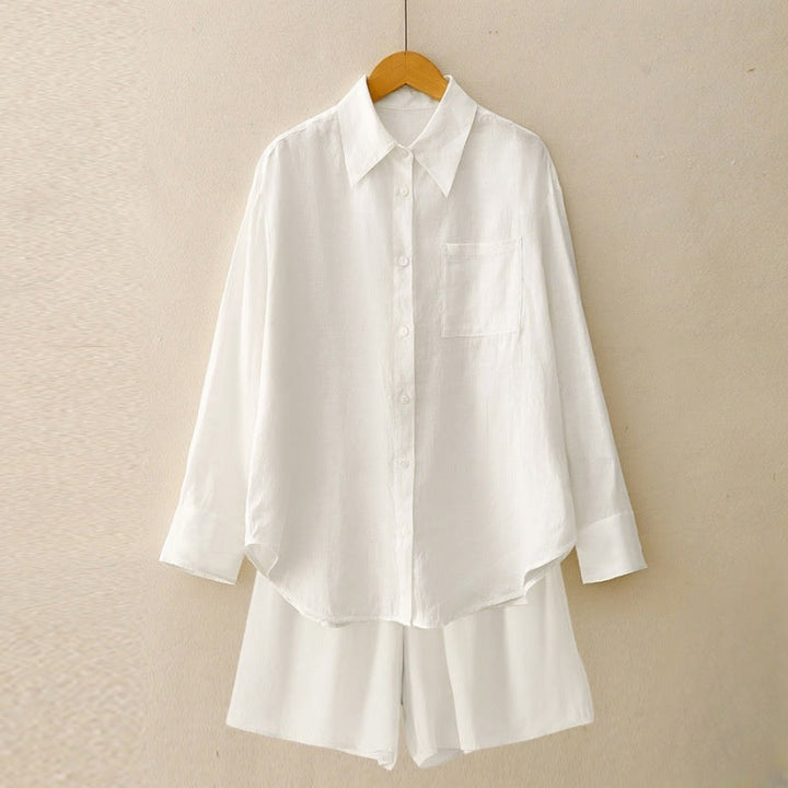 Buddha Stones Sommer 2-teilig Einfarbig Langarmshirt Top Strickjacke Shorts Meditationskleidung Damen Set mit Taschen - Weiß - US12, UK/AU16, EU44 (2XL) - image 28