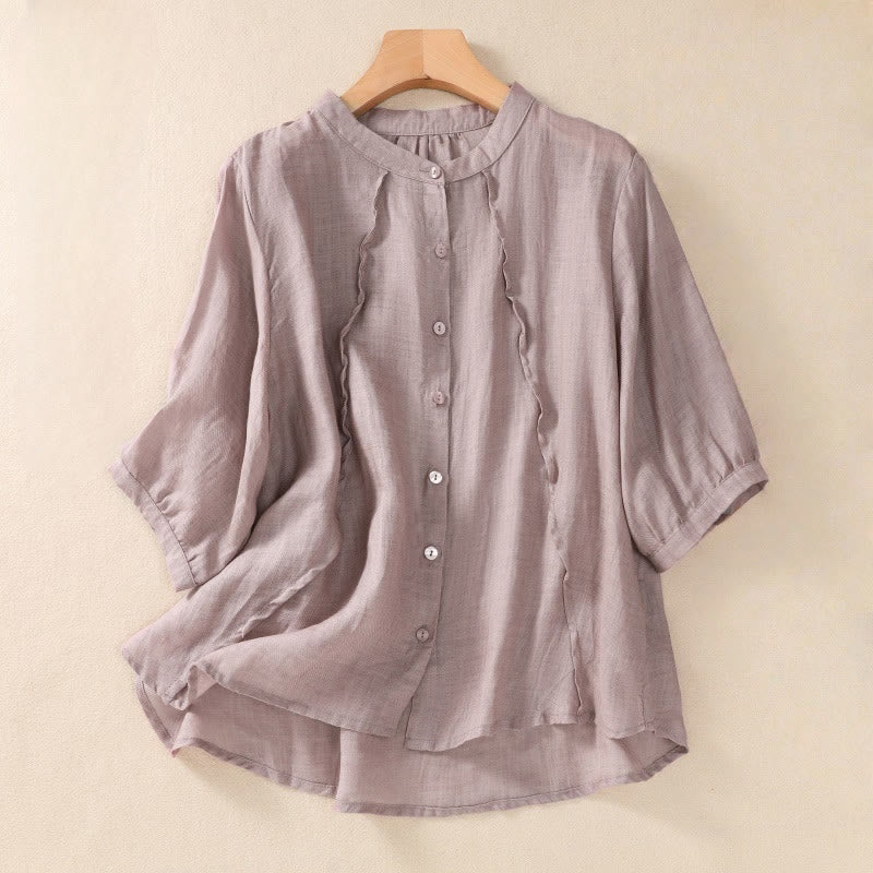 Buddha Stones Casual Daily Plain Button Ruffled Design Stand Collar Women's Cotton Linen Three Quarter Sleeve Shirt - Distel - US 8-10, UK/AU 12-14, EU 40-42 (2XL) - image 0
