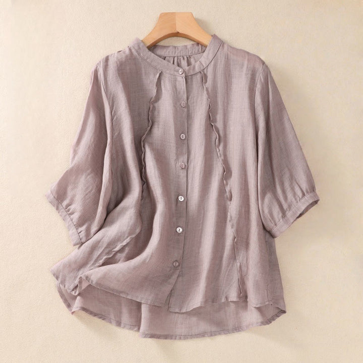 Buddha Stones Casual Daily Plain Button Ruffled Design Stand Collar Women's Cotton Linen Three Quarter Sleeve Shirt - Distel - US 8-10, UK/AU 12-14, EU 40-42 (2XL) - image 0