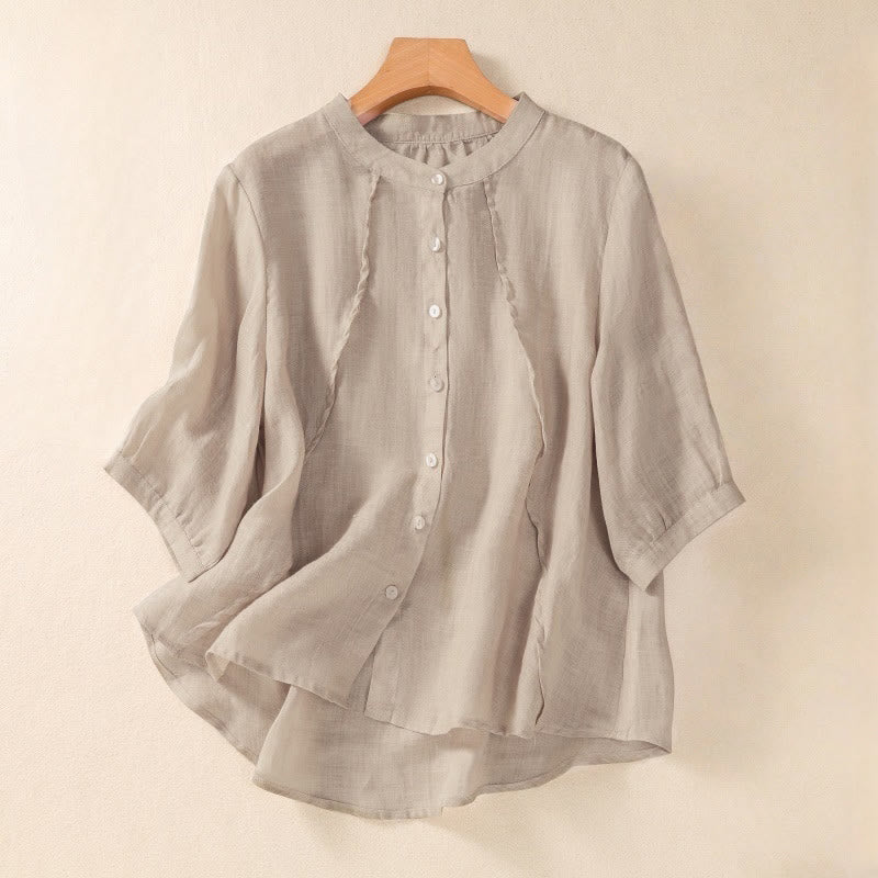 Buddha Stones Casual Daily Plain Button Ruffled Design Stand Collar Women's Cotton Linen Three Quarter Sleeve Shirt - Bräunen - US 8-10, UK/AU 12-14, EU 40-42 (2XL) - image 7