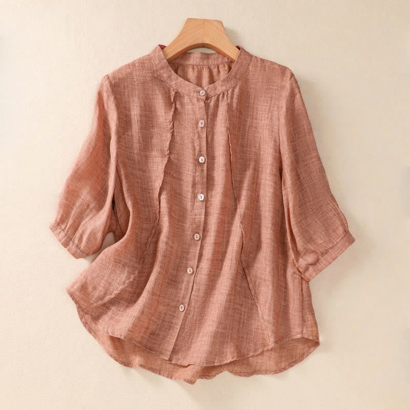 Buddha Stones Casual Daily Plain Button Ruffled Design Stand Collar Women's Cotton Linen Three Quarter Sleeve Shirt - Koralle - US 8-10, UK/AU 12-14, EU 40-42 (2XL) - image 15