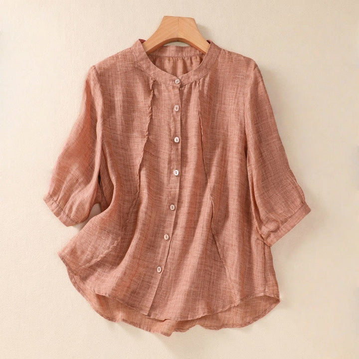 Buddha Stones Casual Daily Plain Button Ruffled Design Stand Collar Women's Cotton Linen Three Quarter Sleeve Shirt - Koralle - US 8-10, UK/AU 12-14, EU 40-42 (2XL) - image 15