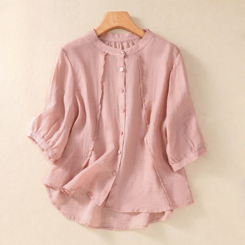Buddha Stones Casual Daily Plain Button Ruffled Design Stand Collar Women's Cotton Linen Three Quarter Sleeve Shirt - Hellrosa - US 8-10, UK/AU 12-14, EU 40-42 (2XL) - image 23