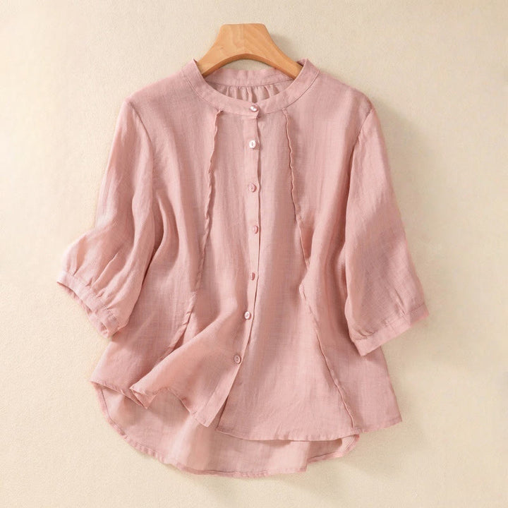 Buddha Stones Casual Daily Plain Button Ruffled Design Stand Collar Women's Cotton Linen Three Quarter Sleeve Shirt - Hellrosa - US 8-10, UK/AU 12-14, EU 40-42 (2XL) - image 23