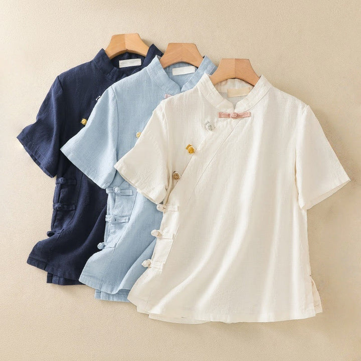 Buddha Stones Casual Plain Slant Stand Collar Collar Colorful Frog-Button Tang Suit Women's Cotton Linen Three Quarter Sleeve Shirt - image 24
