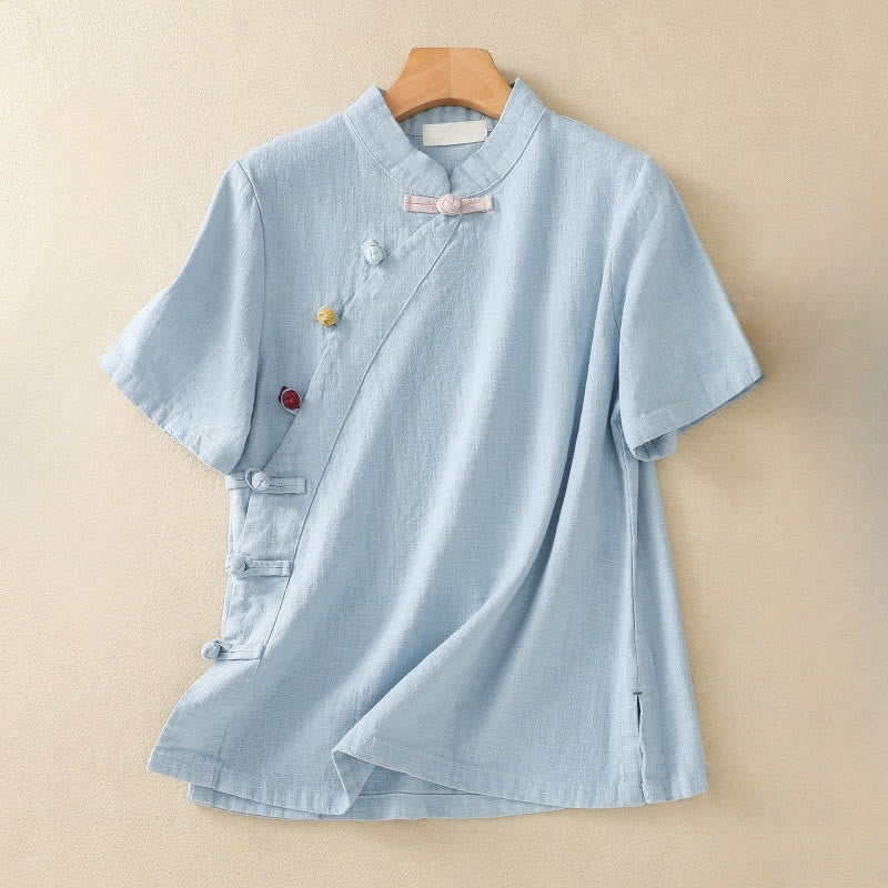 Buddha Stones Casual Plain Slant Stand Collar Collar Colorful Frog-Button Tang Suit Women's Cotton Linen Three Quarter Sleeve Shirt - Hellblau - US 8-10, UK/AU 12-14, EU 40-42 (2XL) - image 15