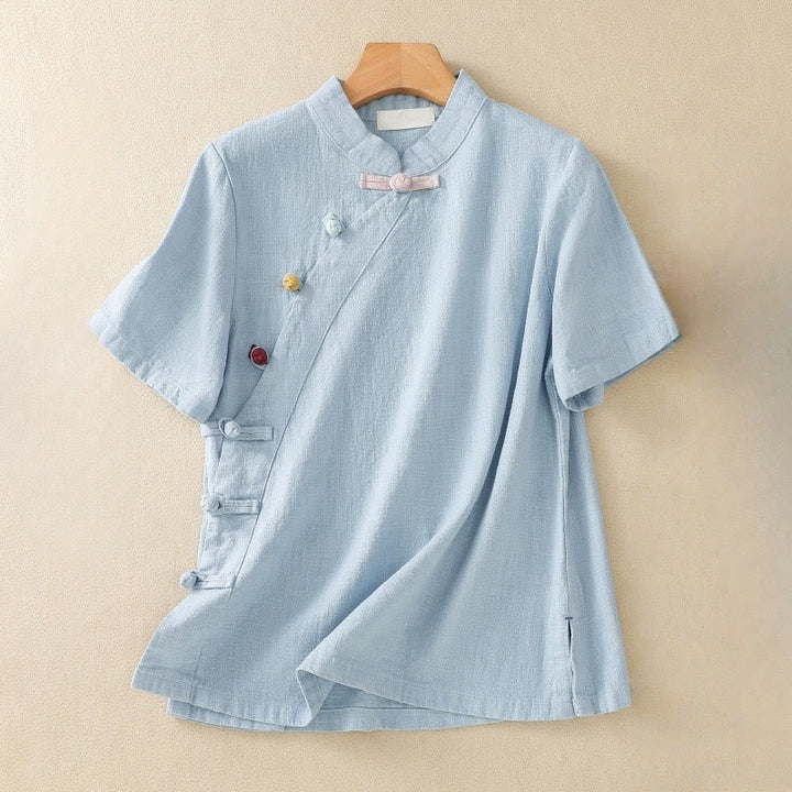 Buddha Stones Casual Plain Slant Stand Collar Collar Colorful Frog-Button Tang Suit Women's Cotton Linen Three Quarter Sleeve Shirt - Hellblau - US 8-10, UK/AU 12-14, EU 40-42 (2XL) - image 15