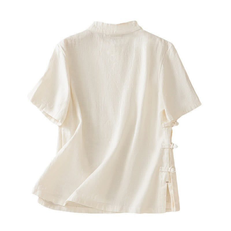 Buddha Stones Casual Plain Slant Stand Collar Collar Colorful Frog-Button Tang Suit Women's Cotton Linen Three Quarter Sleeve Shirt - image 14