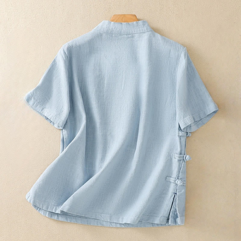 Buddha Stones Casual Plain Slant Stand Collar Collar Colorful Frog-Button Tang Suit Women's Cotton Linen Three Quarter Sleeve Shirt - image 16