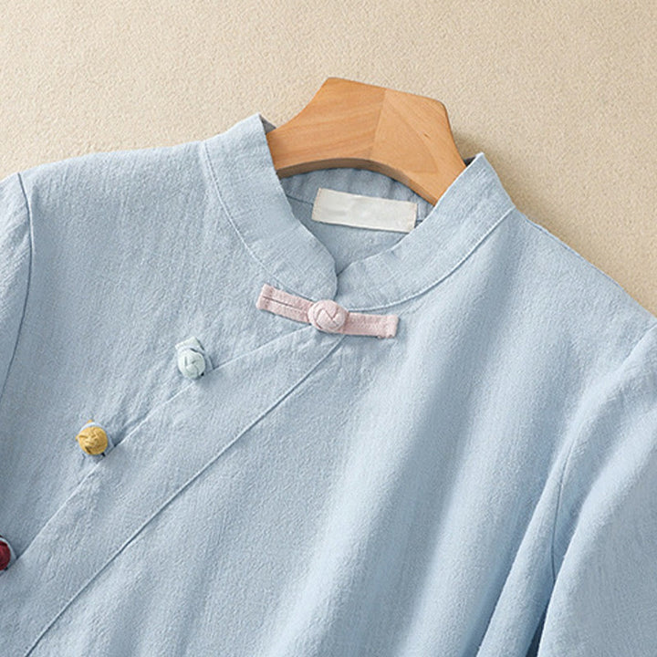 Buddha Stones Casual Plain Slant Stand Collar Collar Colorful Frog-Button Tang Suit Women's Cotton Linen Three Quarter Sleeve Shirt - image 17