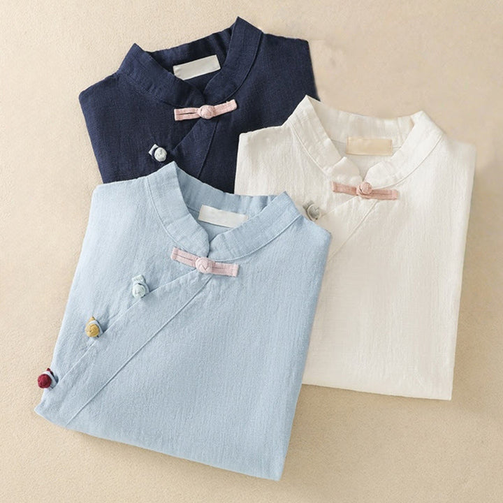 Buddha Stones Casual Plain Slant Stand Collar Collar Colorful Frog-Button Tang Suit Women's Cotton Linen Three Quarter Sleeve Shirt - image 25
