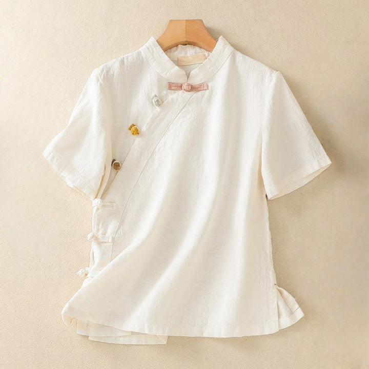 Buddha Stones Casual Plain Slant Stand Collar Collar Colorful Frog-Button Tang Suit Women's Cotton Linen Three Quarter Sleeve Shirt - Beige - US 8-10, UK/AU 12-14, EU 40-42 (2XL) - image 7