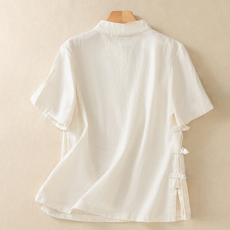 Buddha Stones Casual Plain Slant Stand Collar Collar Colorful Frog-Button Tang Suit Women's Cotton Linen Three Quarter Sleeve Shirt - image 8