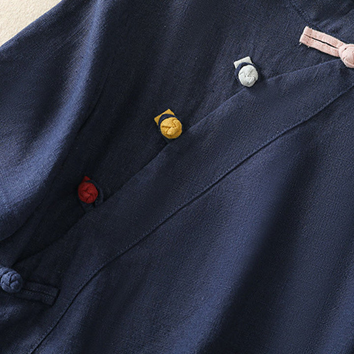 Buddha Stones Casual Plain Slant Stand Collar Collar Colorful Frog-Button Tang Suit Women's Cotton Linen Three Quarter Sleeve Shirt - image 2