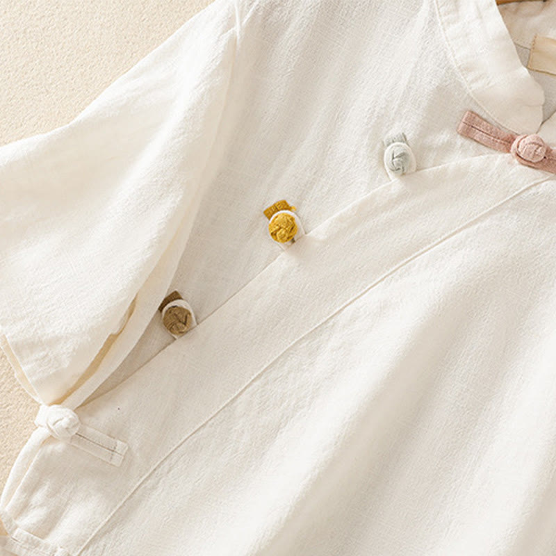 Buddha Stones Casual Plain Slant Stand Collar Collar Colorful Frog-Button Tang Suit Women's Cotton Linen Three Quarter Sleeve Shirt - image 11