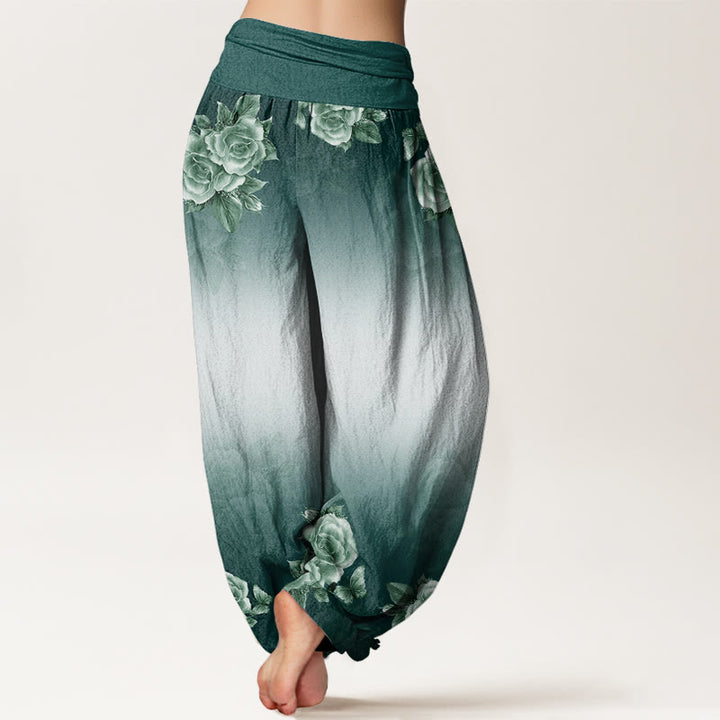 Buddha Stones Lässige Haremshose mit Rosen- und Blättermuster für Damen, elastische Taille - image 3