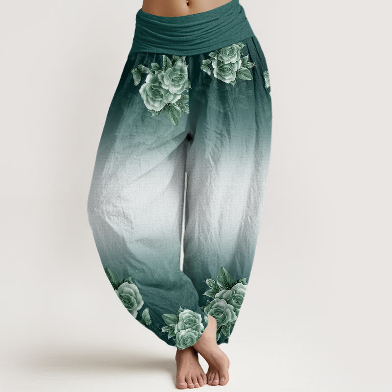 Buddha Stones Lässige Haremshose mit Rosen- und Blättermuster für Damen, elastische Taille - Waldgrün - US22， UK/AU26，EU54 (6XL) - image 1