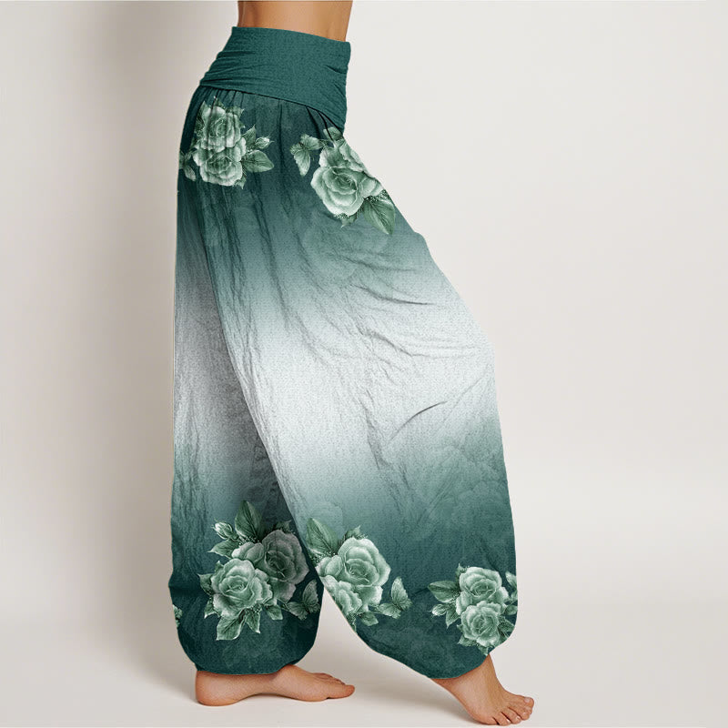 Buddha Stones Lässige Haremshose mit Rosen- und Blättermuster für Damen, elastische Taille - image 2