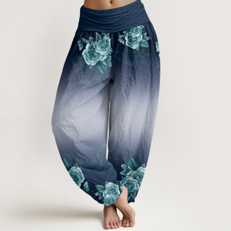 Buddha Stones Lässige Haremshose mit Rosen- und Blättermuster für Damen, elastische Taille - Dunkelblau - US22， UK/AU26，EU54 (6XL) - image 5