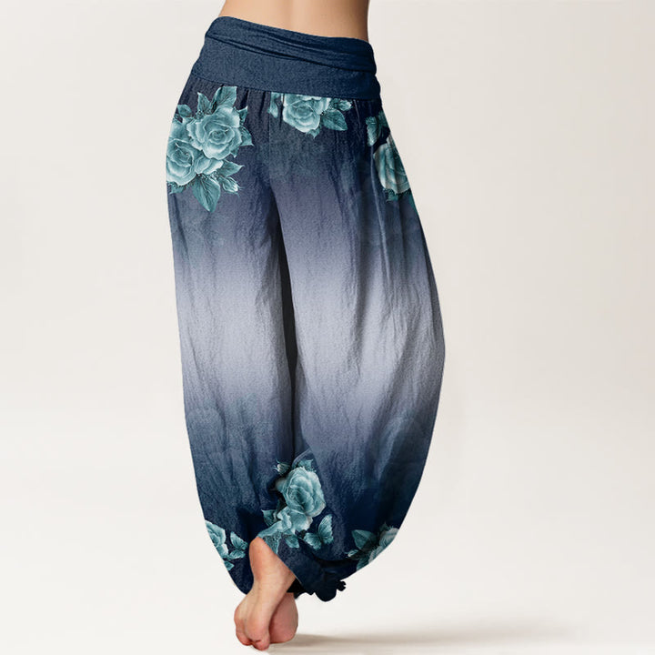 Buddha Stones Lässige Haremshose mit Rosen- und Blättermuster für Damen, elastische Taille - image 7