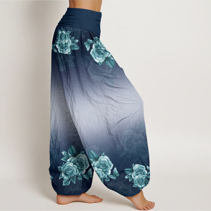 Buddha Stones Lässige Haremshose mit Rosen- und Blättermuster für Damen, elastische Taille - image 6