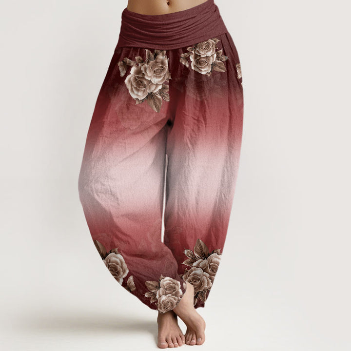 Buddha Stones Lässige Haremshose mit Rosen- und Blättermuster für Damen, elastische Taille - Schamottestein - US22， UK/AU26，EU54 (6XL) - image 8