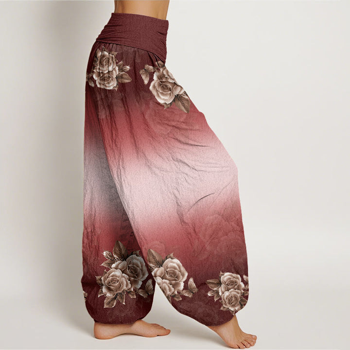 Buddha Stones Lässige Haremshose mit Rosen- und Blättermuster für Damen, elastische Taille - image 9