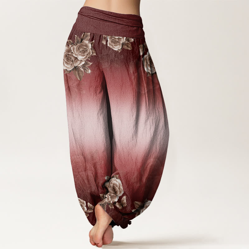 Buddha Stones Lässige Haremshose mit Rosen- und Blättermuster für Damen, elastische Taille - image 10