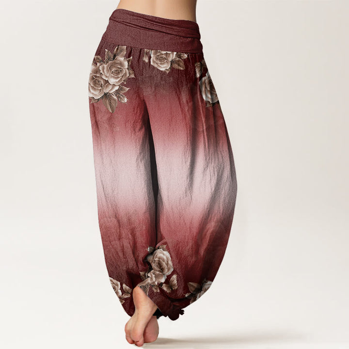 Buddha Stones Lässige Haremshose mit Rosen- und Blättermuster für Damen, elastische Taille - image 10