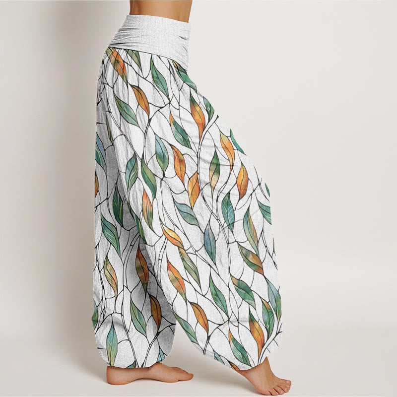 Buddha Stones Lässige Haremshose für Damen mit elastischer Taille und zartem, buntem Blattmuster - image 2