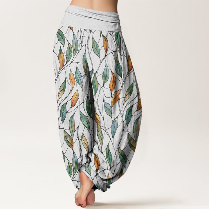 Buddha Stones Lässige Haremshose für Damen mit elastischer Taille und zartem, buntem Blattmuster - image 3