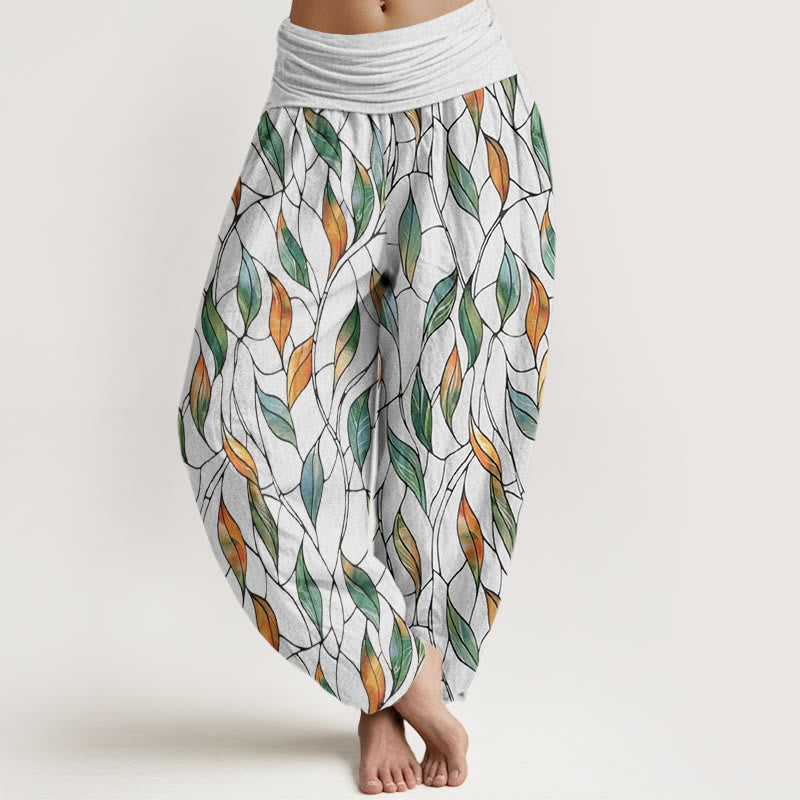 Buddha Stones Lässige Haremshose für Damen mit elastischer Taille und zartem, buntem Blattmuster - Schnee - US22， UK/AU26，EU54 (6XL) - image 1