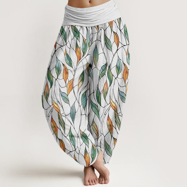 Buddha Stones Lässige Haremshose für Damen mit elastischer Taille und zartem, buntem Blattmuster - Schnee - US22， UK/AU26，EU54 (6XL) - image 1