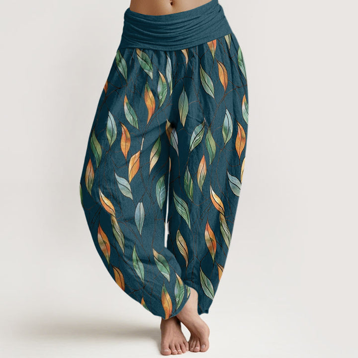 Buddha Stones Lässige Haremshose für Damen mit elastischer Taille und zartem, buntem Blattmuster - DunkelCyan - US22， UK/AU26，EU54 (6XL) - image 5