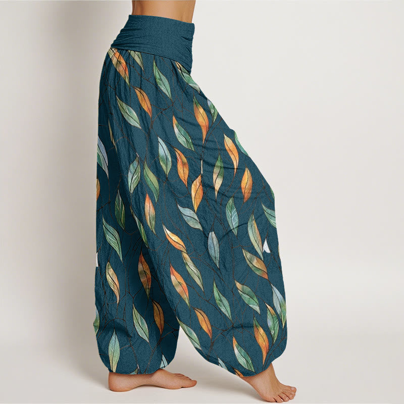 Buddha Stones Lässige Haremshose für Damen mit elastischer Taille und zartem, buntem Blattmuster - image 7