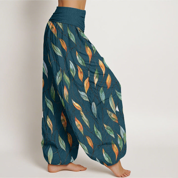 Buddha Stones Lässige Haremshose für Damen mit elastischer Taille und zartem, buntem Blattmuster - image 7