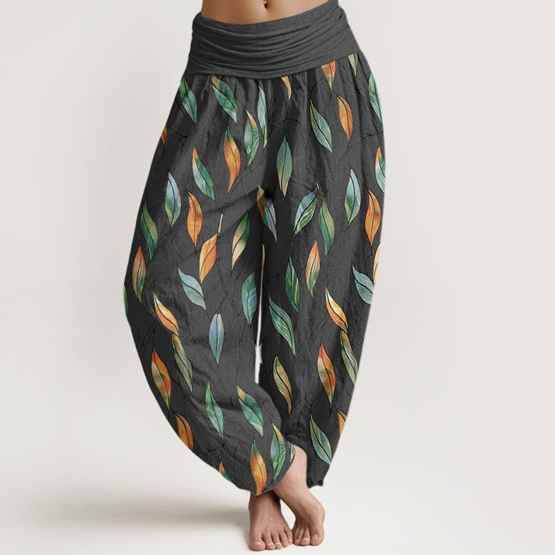 Buddha Stones Lässige Haremshose für Damen mit elastischer Taille und zartem, buntem Blattmuster - Dunkelgrau - US22， UK/AU26，EU54 (6XL) - image 8