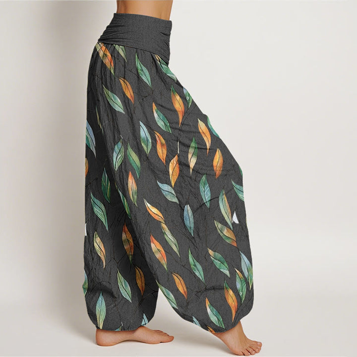 Buddha Stones Lässige Haremshose für Damen mit elastischer Taille und zartem, buntem Blattmuster - image 9