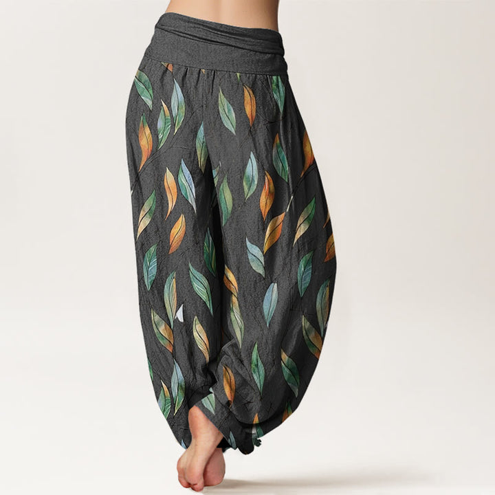 Buddha Stones Lässige Haremshose für Damen mit elastischer Taille und zartem, buntem Blattmuster - image 10