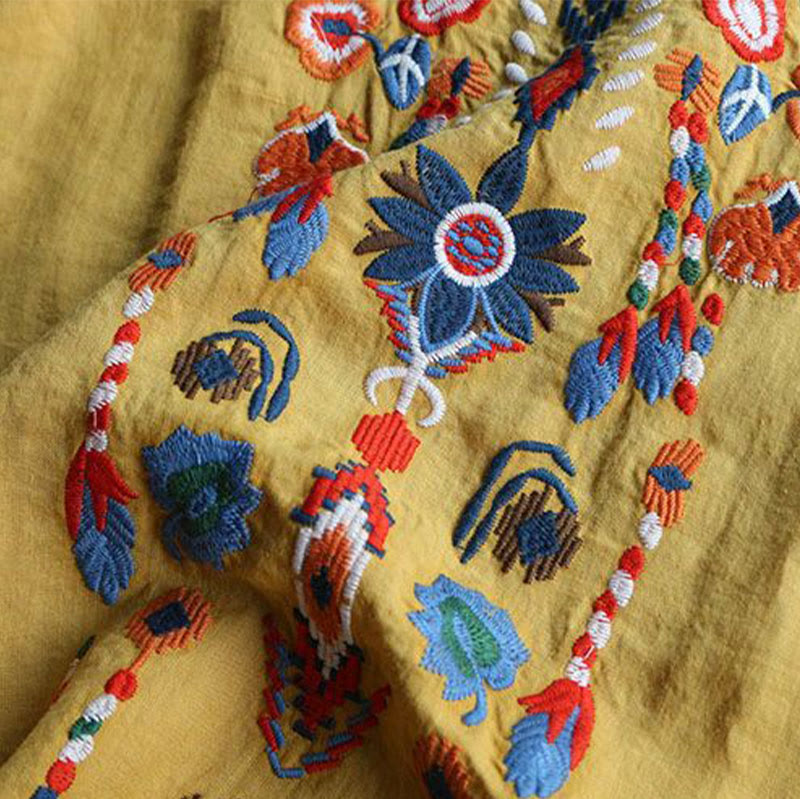 Buddha Stones Retro Künstlerische Stickerei Blumenmuster Rundhals Damen Baumwolle Leinen Kurzarm T-Shirt - image 15