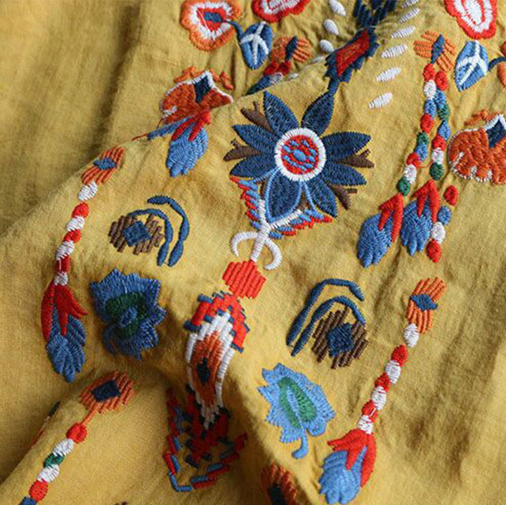 Buddha Stones Retro Künstlerische Stickerei Blumenmuster Rundhals Damen Baumwolle Leinen Kurzarm T-Shirt - image 15