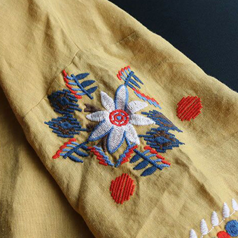 Buddha Stones Retro Künstlerische Stickerei Blumenmuster Rundhals Damen Baumwolle Leinen Kurzarm T-Shirt - image 16