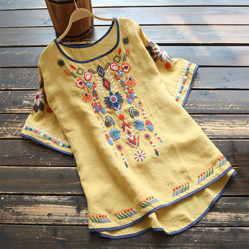 Buddha Stones Retro Künstlerische Stickerei Blumenmuster Rundhals Damen Baumwolle Leinen Kurzarm T-Shirt - Gelb - US14， UK/AU18，EU46 (4XL) - image 13