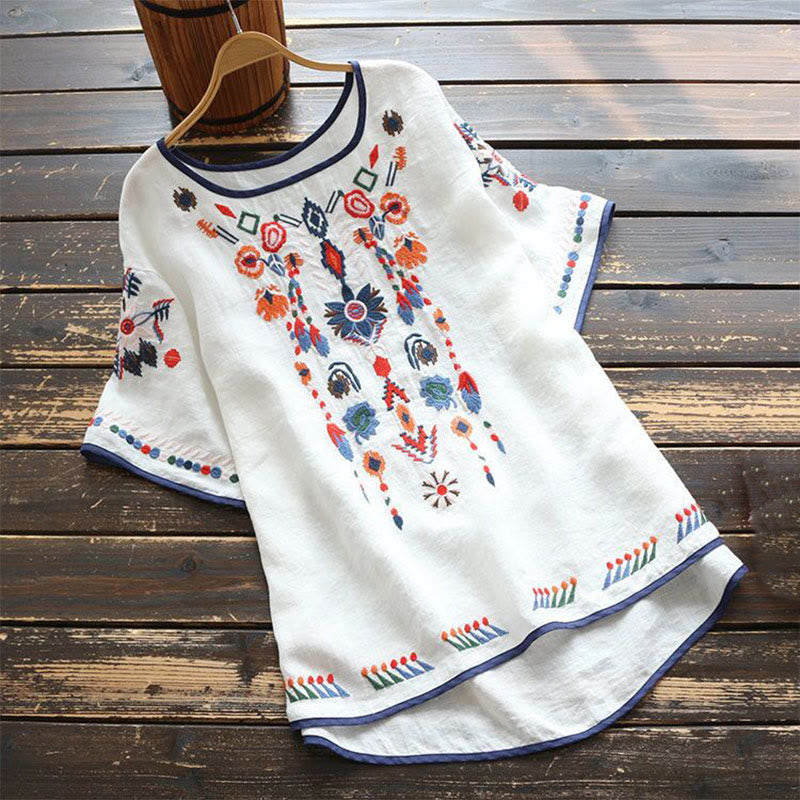 Buddha Stones Retro Künstlerische Stickerei Blumenmuster Rundhals Damen Baumwolle Leinen Kurzarm T-Shirt - Weiß - US14， UK/AU18，EU46 (4XL) - image 0