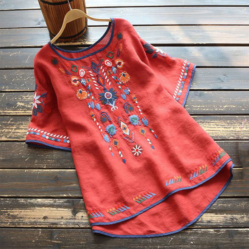 Buddha Stones Retro Künstlerische Stickerei Blumenmuster Rundhals Damen Baumwolle Leinen Kurzarm T-Shirt - Rot - US14， UK/AU18，EU46 (4XL) - image 8