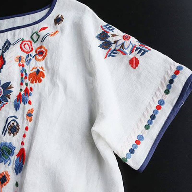 Buddha Stones Retro Künstlerische Stickerei Blumenmuster Rundhals Damen Baumwolle Leinen Kurzarm T-Shirt - image 5